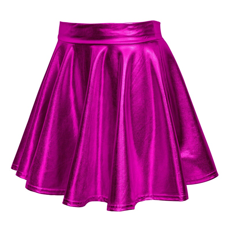 EXCHIC Women's Shiny Metallic Wet Look Stretchy Flared Mini Skater Skirt (L, Rose) - Image 3